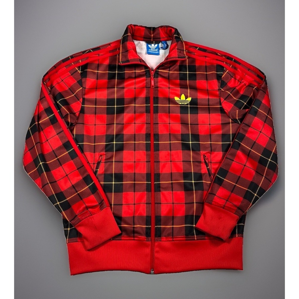 Adidas Originals Mens S Plaid Tartan Firebird Track Jacket Red Black Trefoil Zip